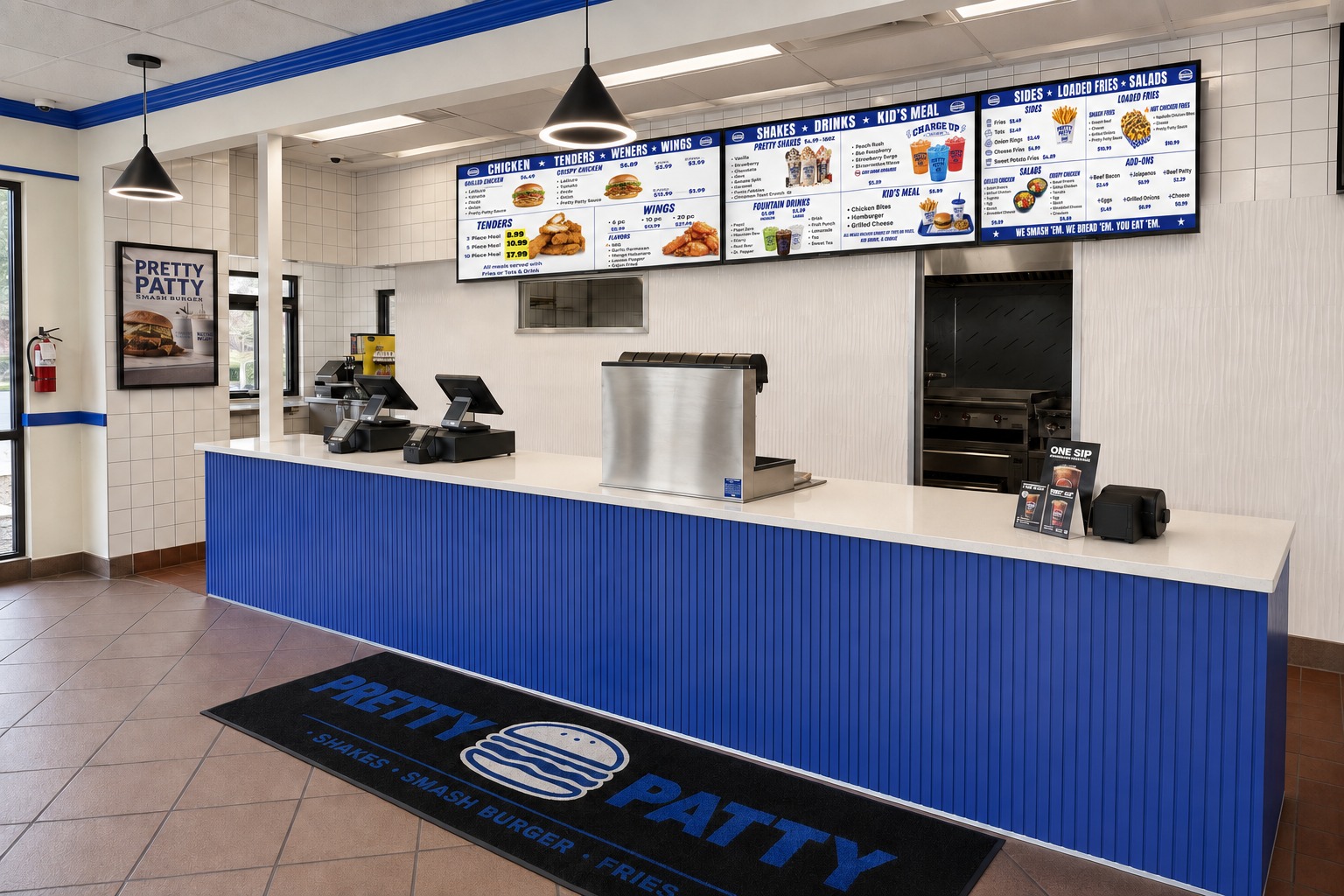The blue and white Pretty Patty restaurant counter in Indianapolis